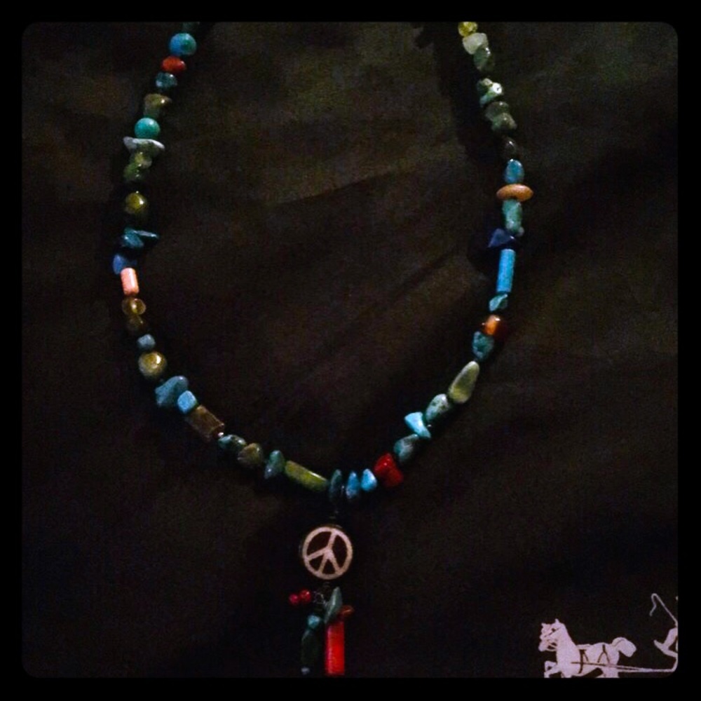 Beaded Necklace with Peace Sign Pendant